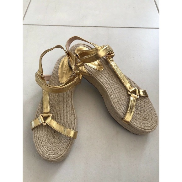 Schutz Sandalia Salto Baixo Jute Gold Metallic Platform Sandals - Picture 1 of 12